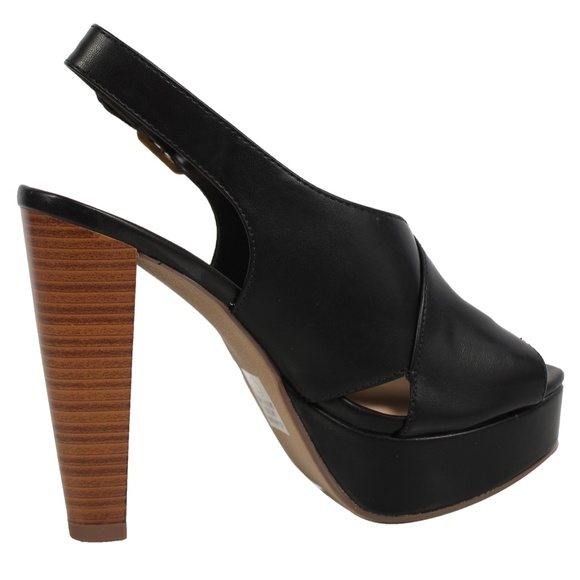 Black Peep Toe Sling Back Wooden Block Heel - Picture 3 of 5